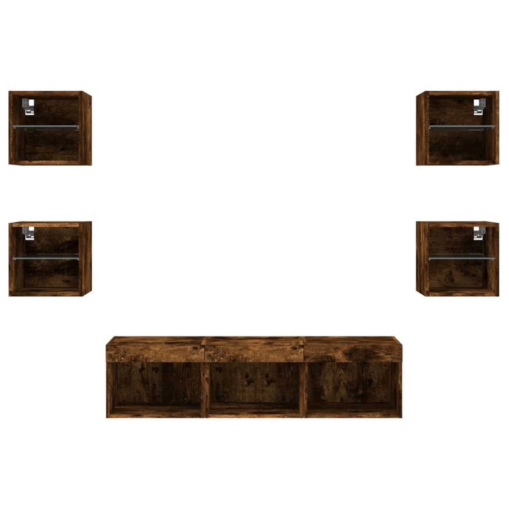Unități de perete TV cu LED-uri, 7 piese, stejar fumuriu, lemn GartenMobel Dekor