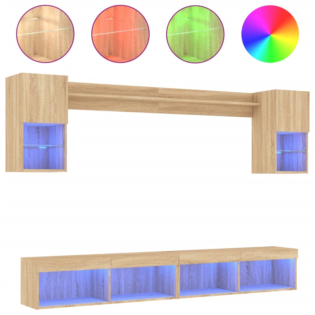 Unități de perete TV cu LED-uri, 6 piese, stejar sonoma, lemn GartenMobel Dekor