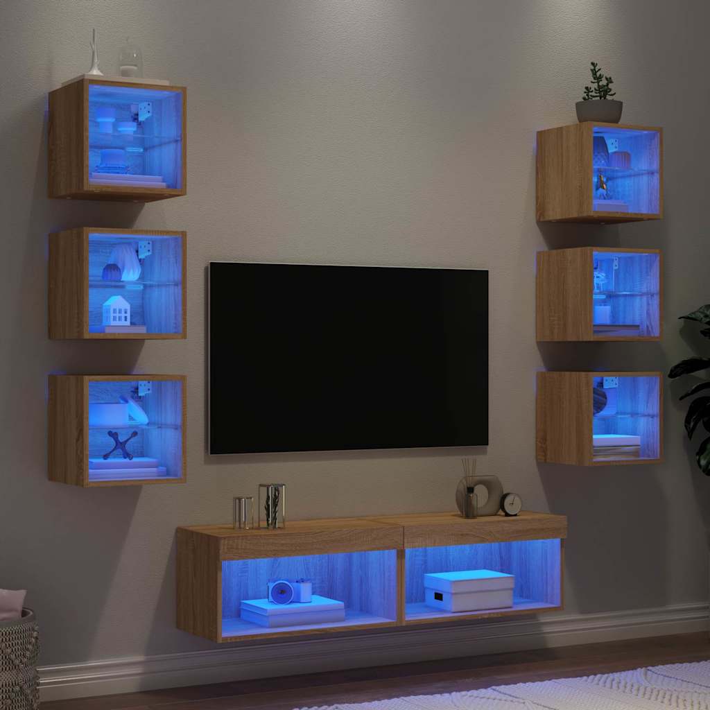 Unități de perete TV cu LED-uri, 8 piese, stejar sonoma, lemn GartenMobel Dekor