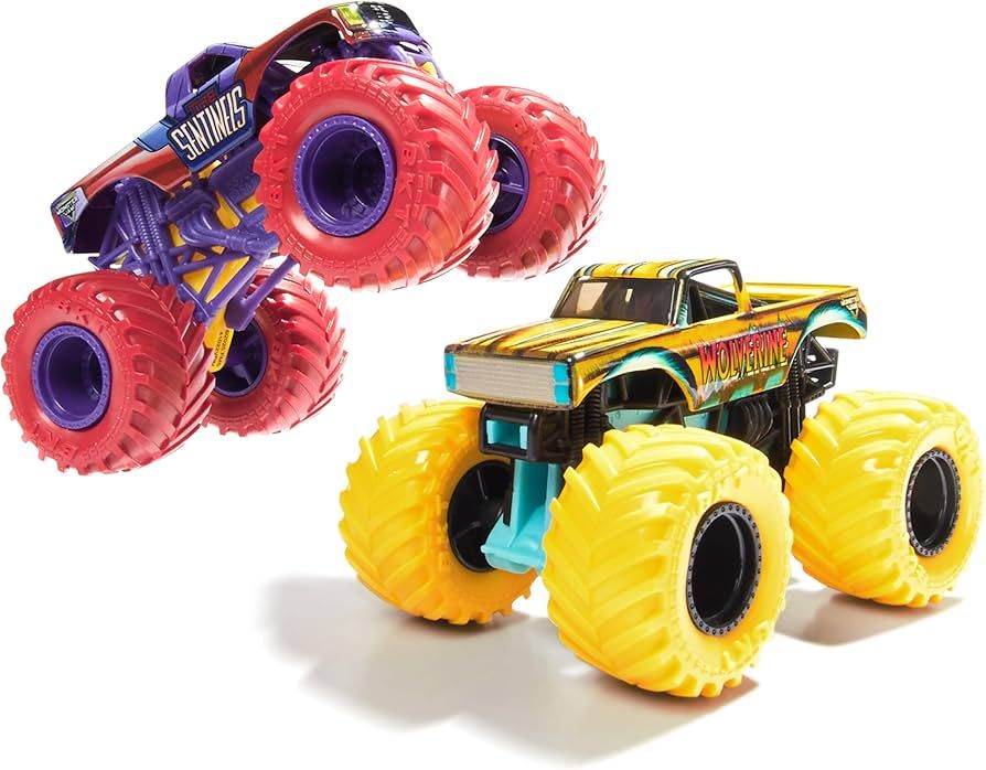 Set 2 mașinuțe metalice Monster Jam Marvel Wolverine vs Sentinels, 1:64