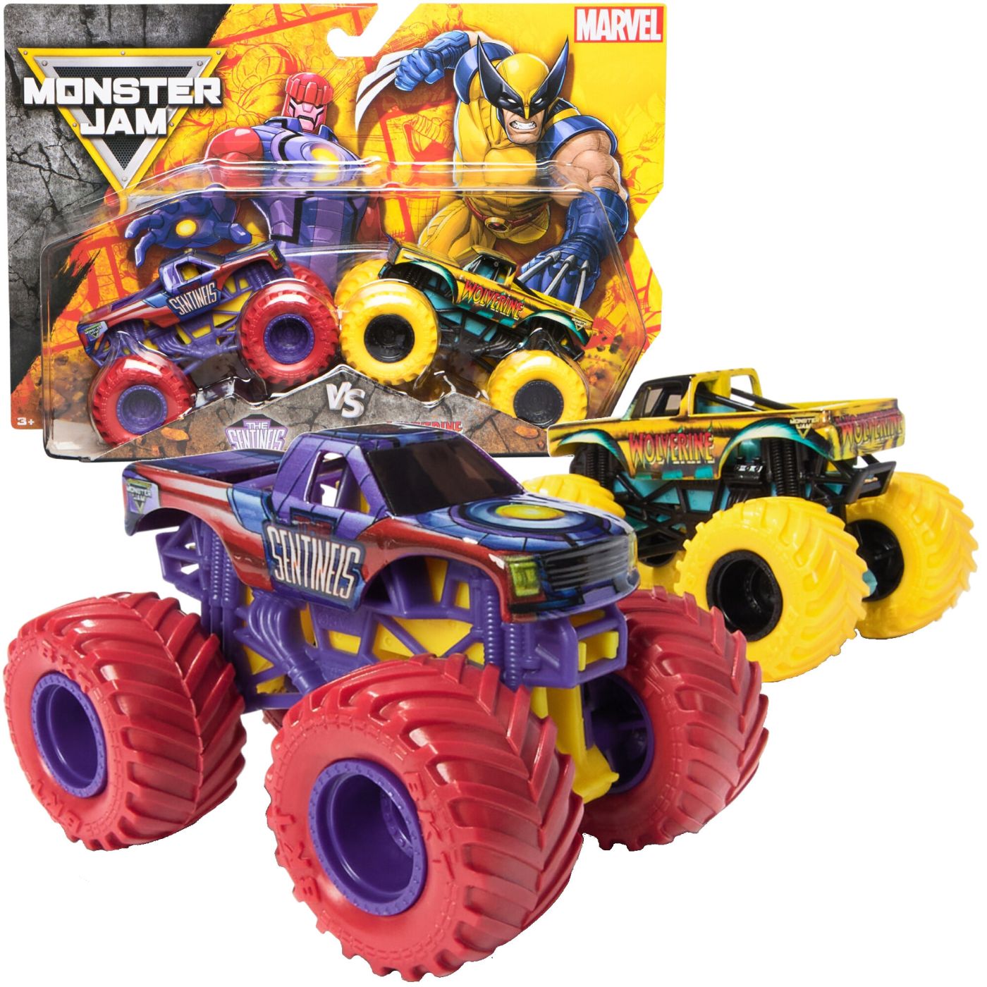 Set 2 mașinuțe metalice Monster Jam Marvel Wolverine vs Sentinels, 1:64