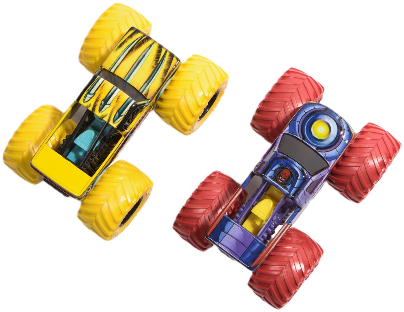 Set 2 mașinuțe metalice Monster Jam Marvel Wolverine vs Sentinels, 1:64