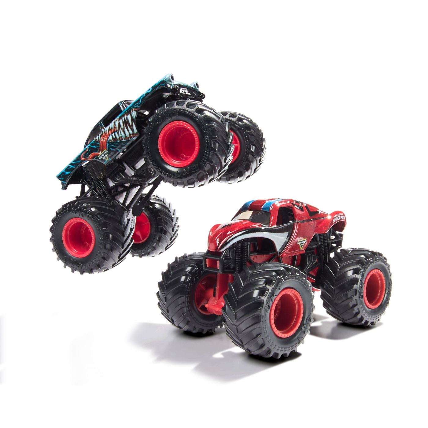 Set 2 mașinuțe metalice Monster Jam Venom vs Spider-Man, scara 1:65