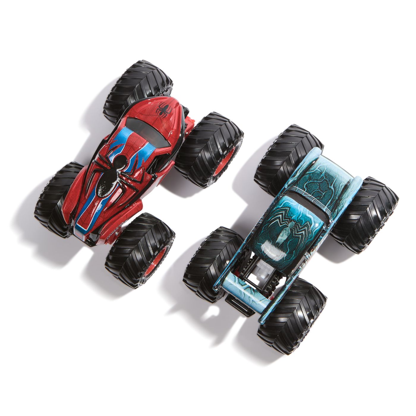 Set 2 mașinuțe metalice Monster Jam Venom vs Spider-Man, scara 1:65