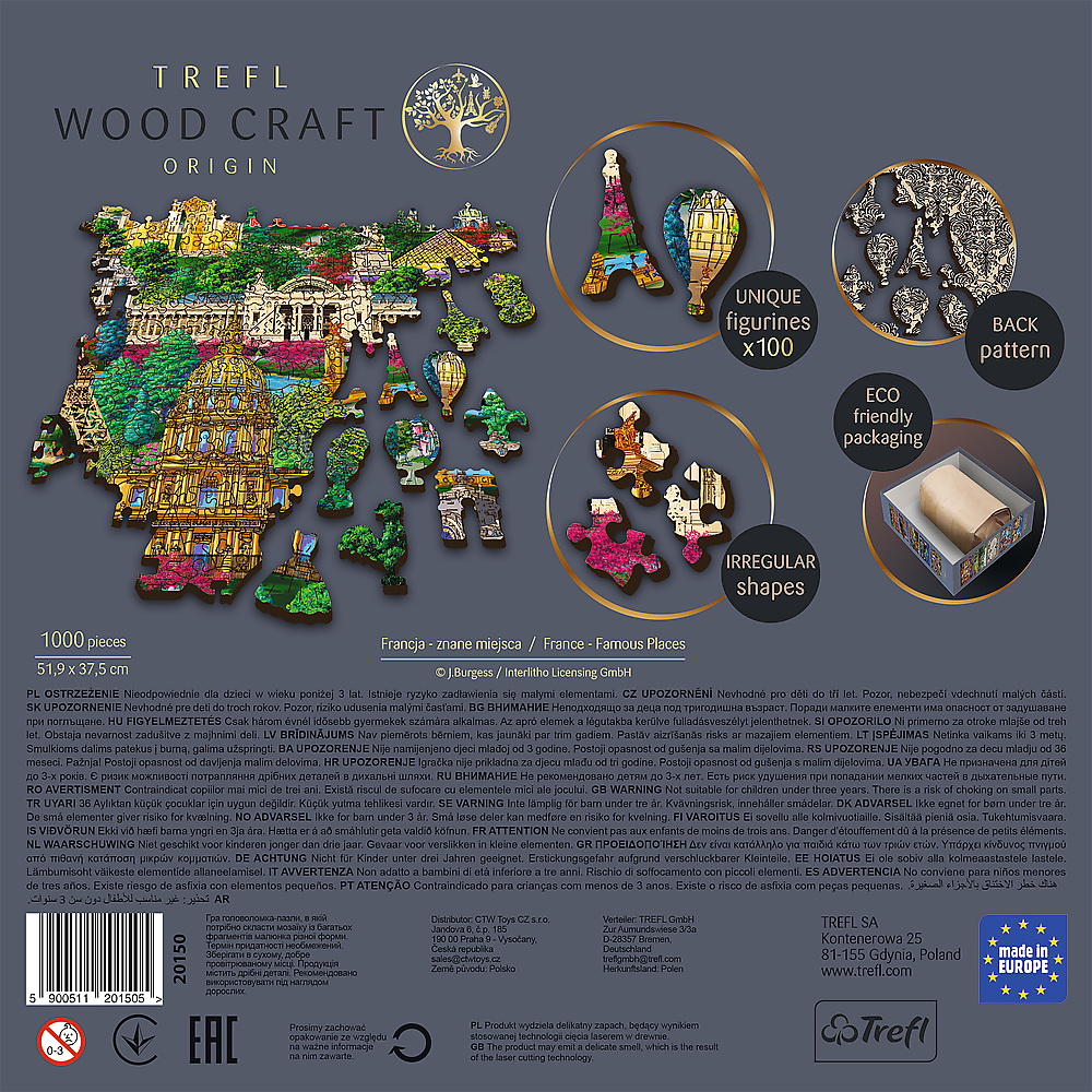 PUZZLE TREFL DIN LEMN 1000 PIESE OBIECTIVE TURISTICE FAIMOASE DIN FRANTA