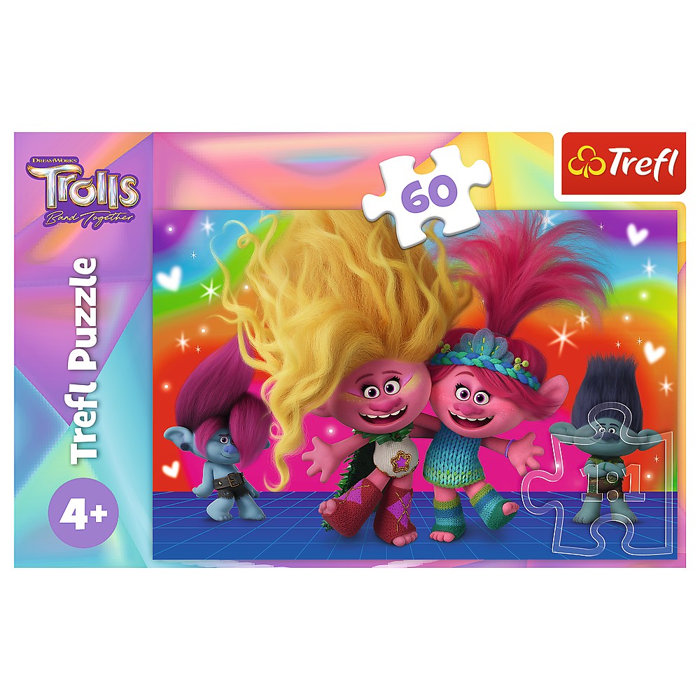 Puzzle Trefl Trolls, 60 piese, multicolor, pentru copii 4+ ani