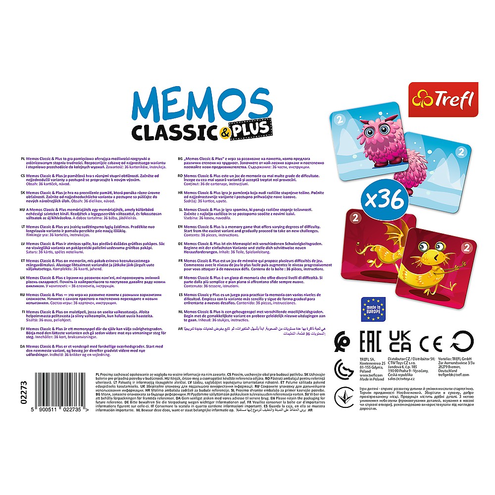 Joc de memorie Memos Classic Plus cu monstruleti draguti, 3+ ani