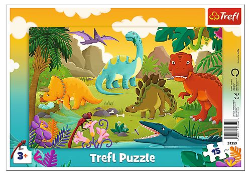 Puzzle Trefl cu 15 piese si cadru, model Dinozauri, pentru copii 3+ ani