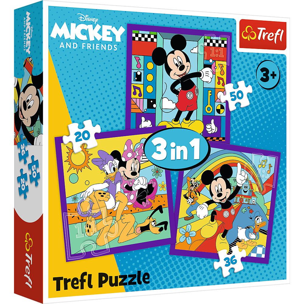 Puzzle Trefl 3 in 1 cu Mickey Mouse și Prietenii, 20/36/50 piese, 3+