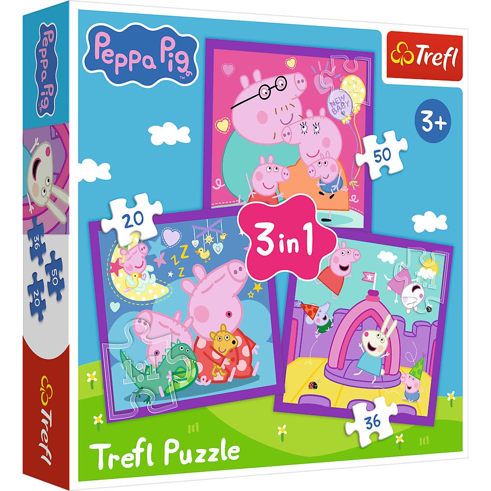 Puzzle copii Trefl 3 in 1 Peppa Pig, 20/36/50 piese, 3 ani+