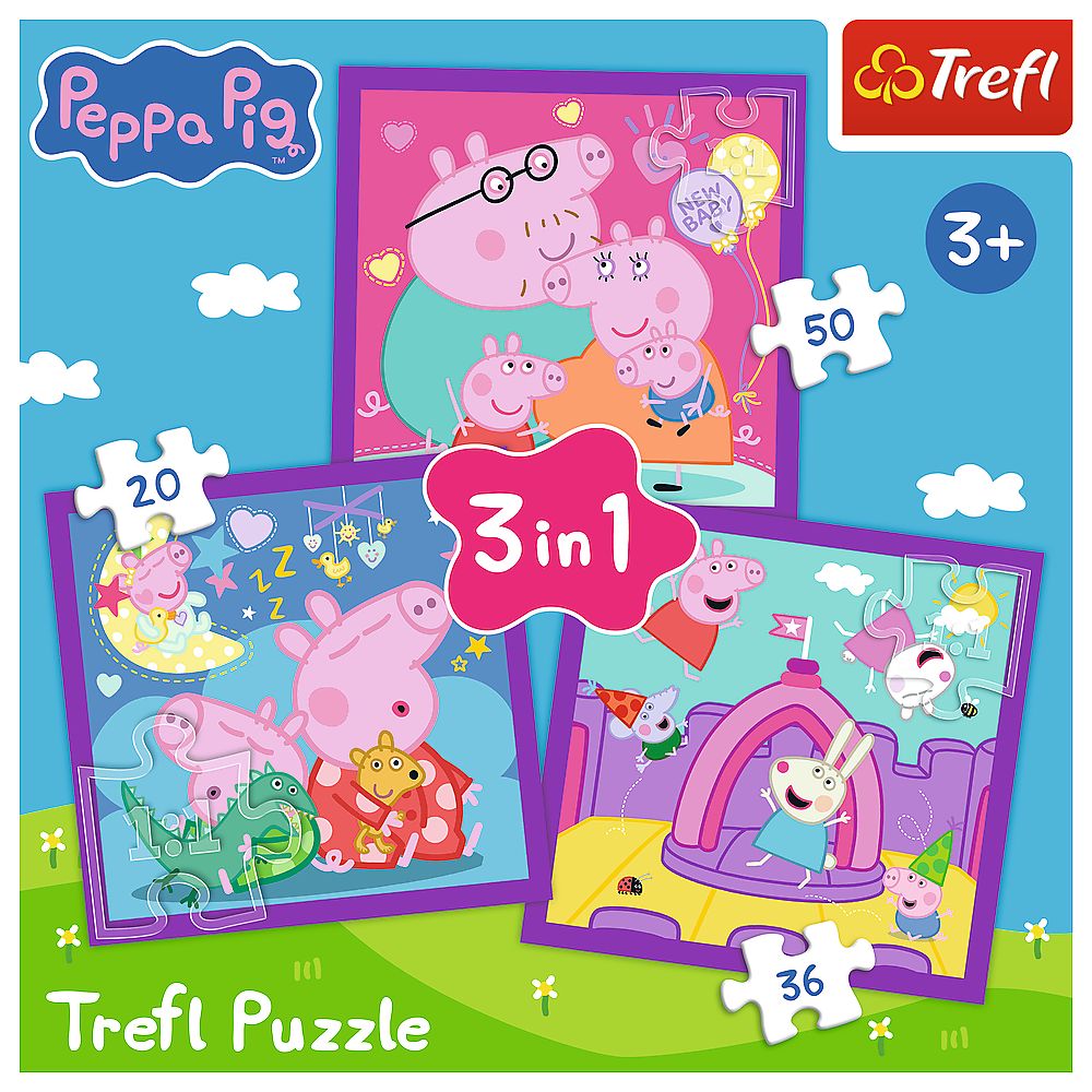 Puzzle copii Trefl 3 in 1 Peppa Pig, 20/36/50 piese, 3 ani+