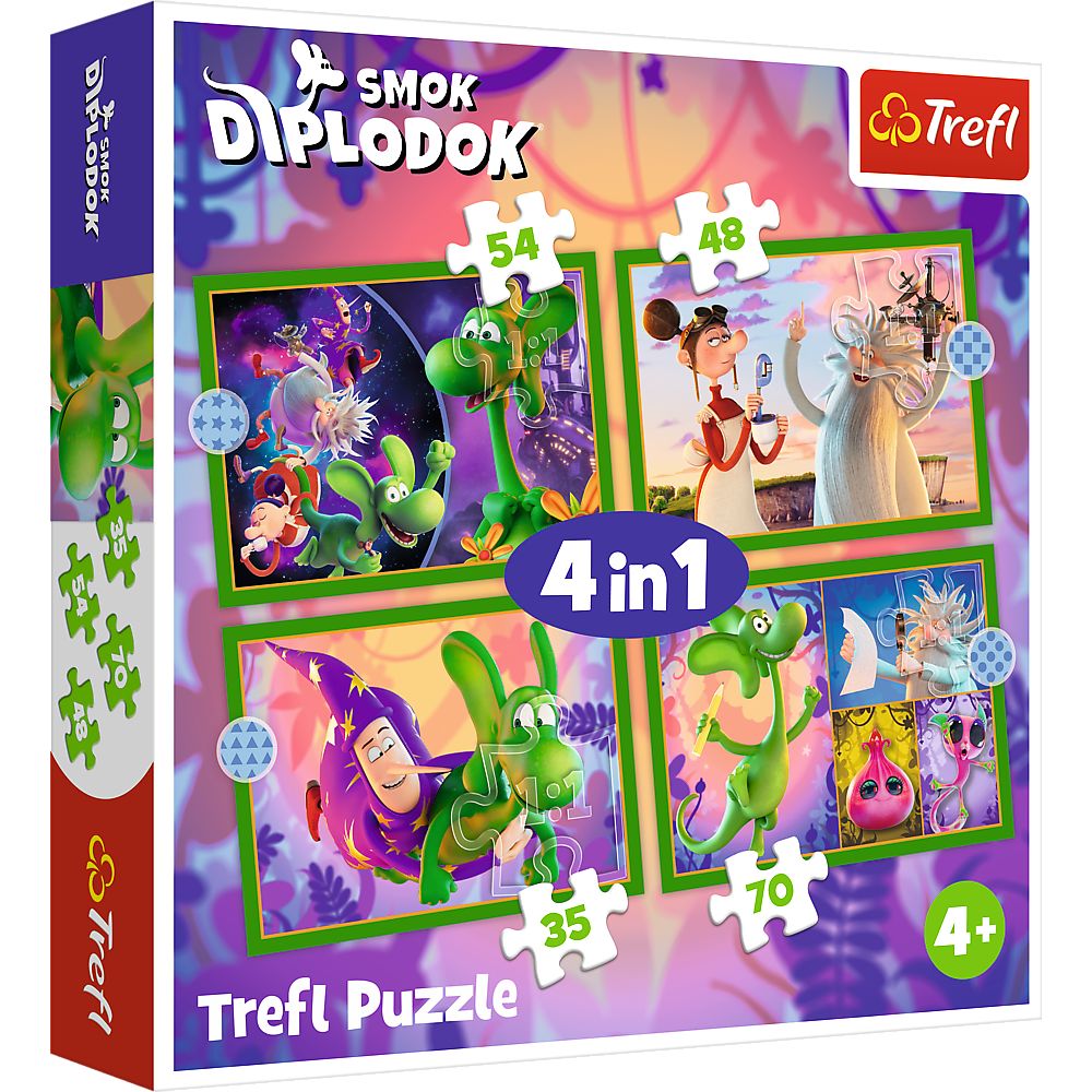 Puzzle Trefl 4 in 1 Lumea Dragonului Diplodok pentru copii 4+