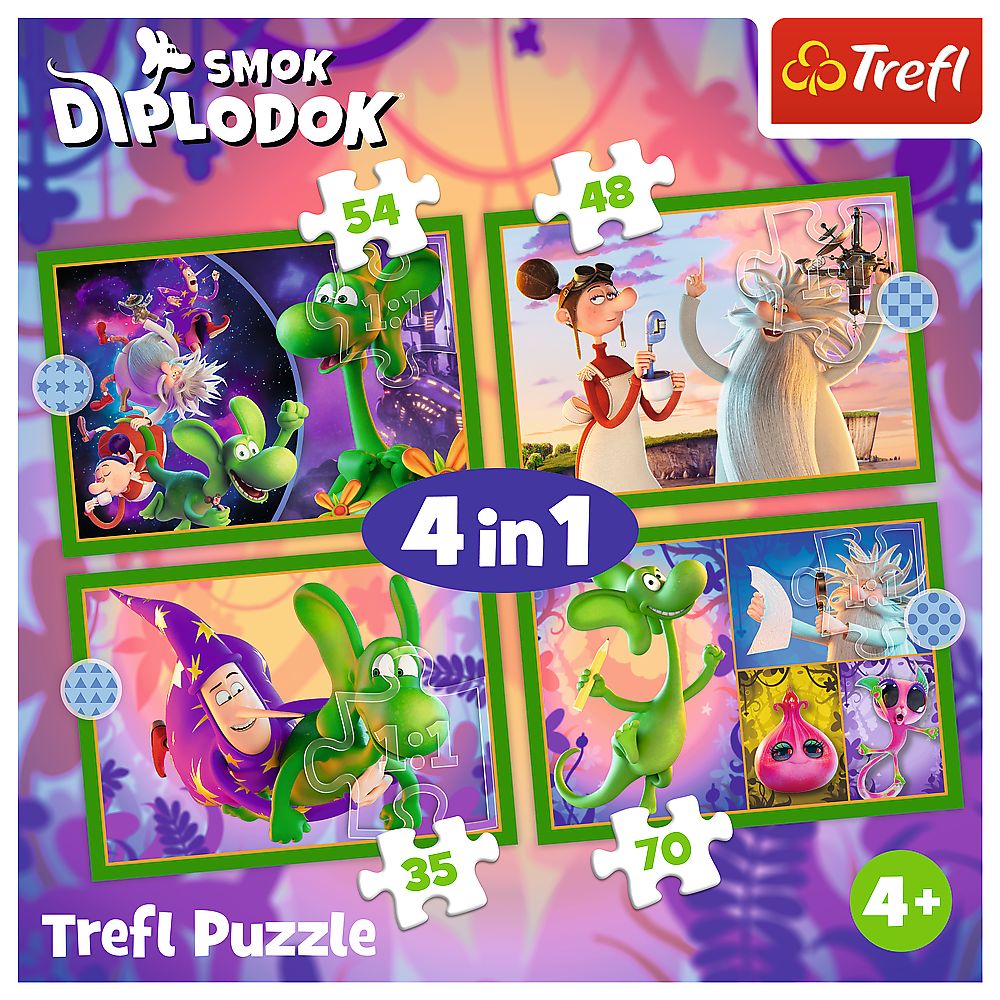 Puzzle Trefl 4 in 1 Lumea Dragonului Diplodok pentru copii 4+