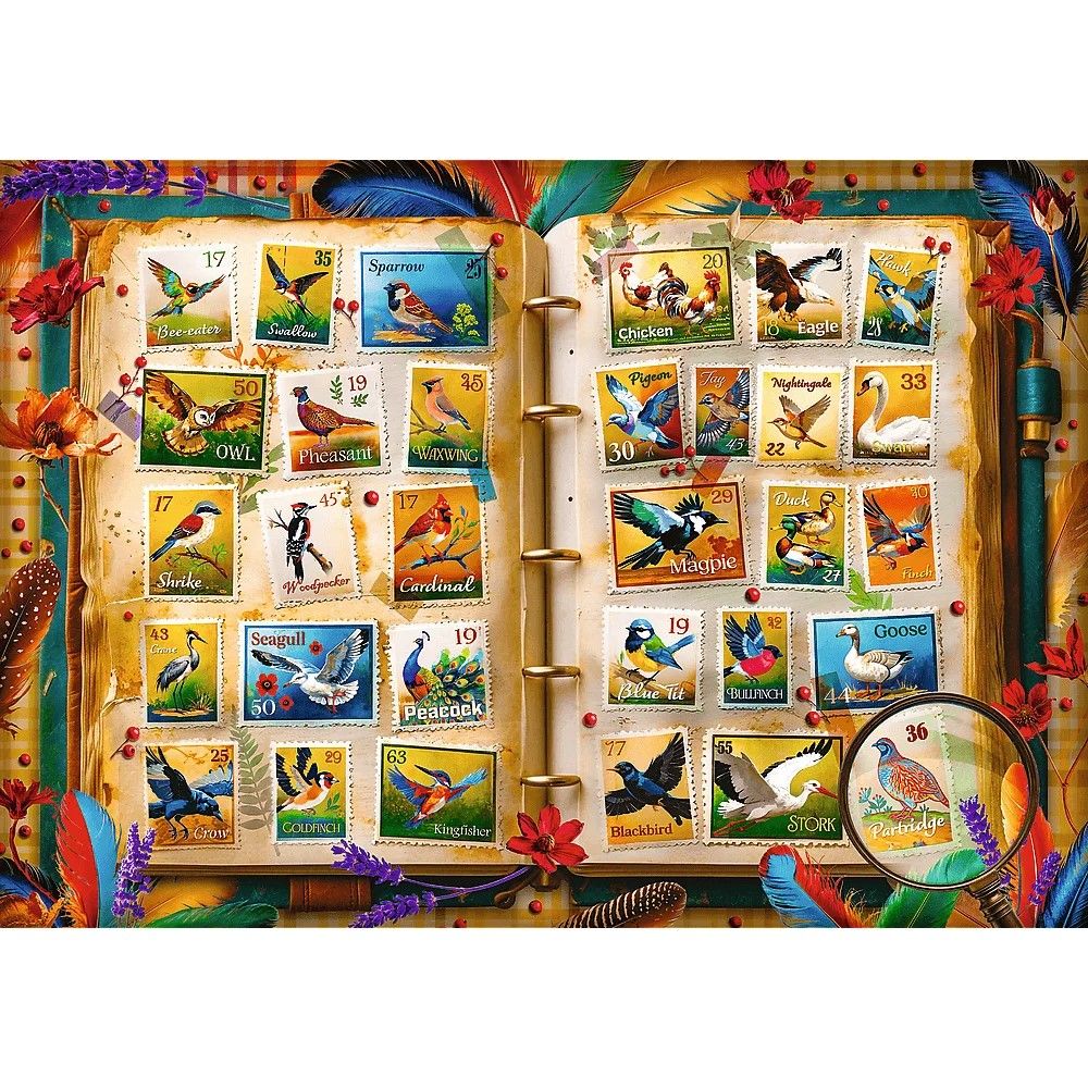 Puzzle Trefl 1000 piese, Colecția de timbre Atlasul păsărilor