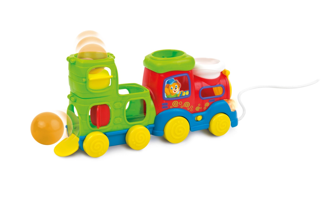Trenuleț muzical Winfun cu bile, ciocan, lumini și șnur de tras
