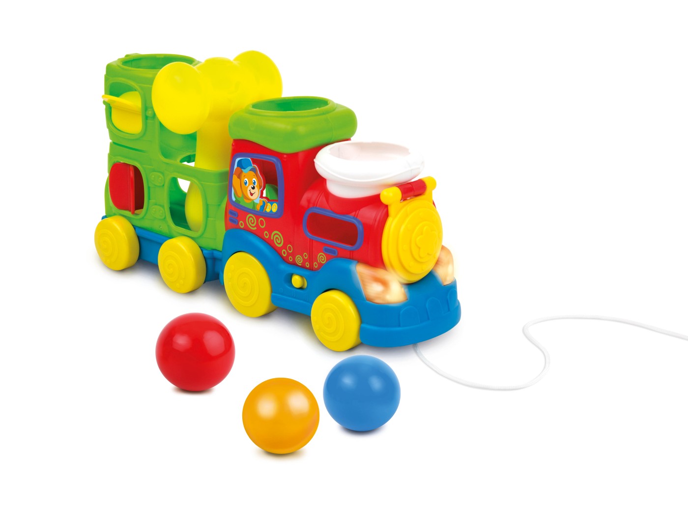 Trenuleț muzical Winfun cu bile, ciocan, lumini și șnur de tras