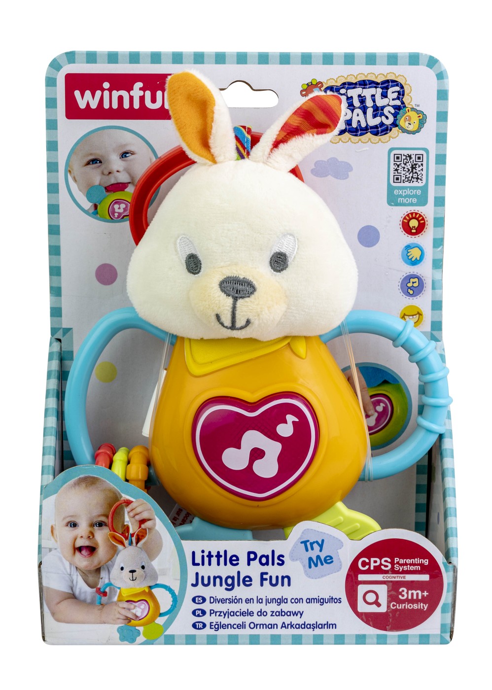 Zornăitoare iepuraș Winfun cu sunete, lumini și texturi pentru bebeluși