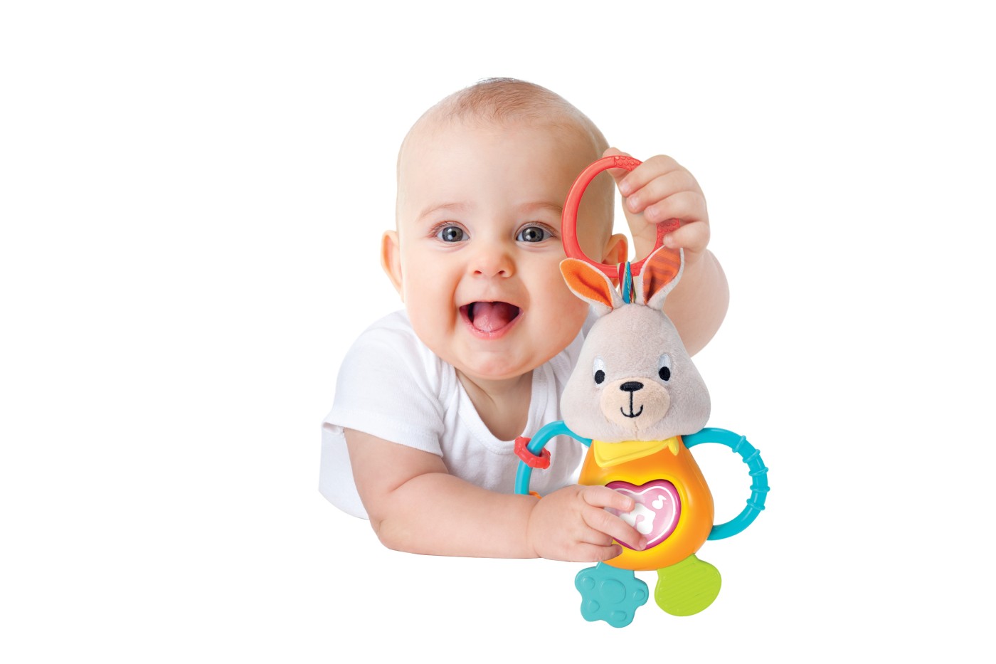 Zornăitoare iepuraș Winfun cu sunete, lumini și texturi pentru bebeluși