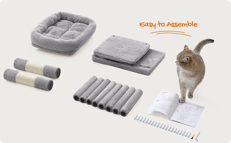 FEANDREA Ansamblu de joaca pentru pisici cu 2 casute, platforma si stalpi sisal, 49x32x74 cm, gri deschis Household NewTrend