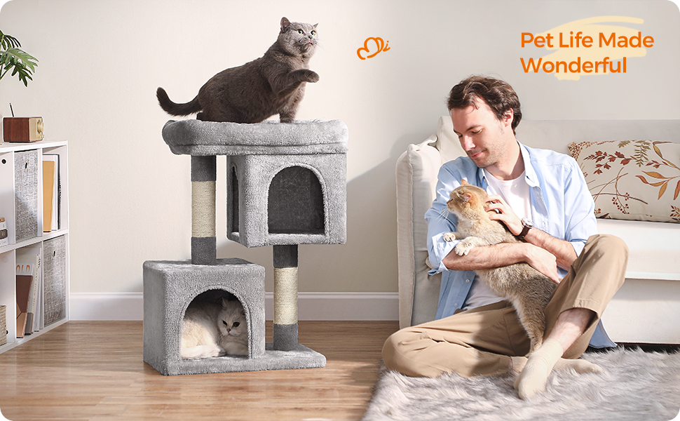 FEANDREA Ansamblu de joaca pentru pisici cu 2 casute, platforma si stalpi sisal, 49x32x74 cm, gri deschis Household NewTrend