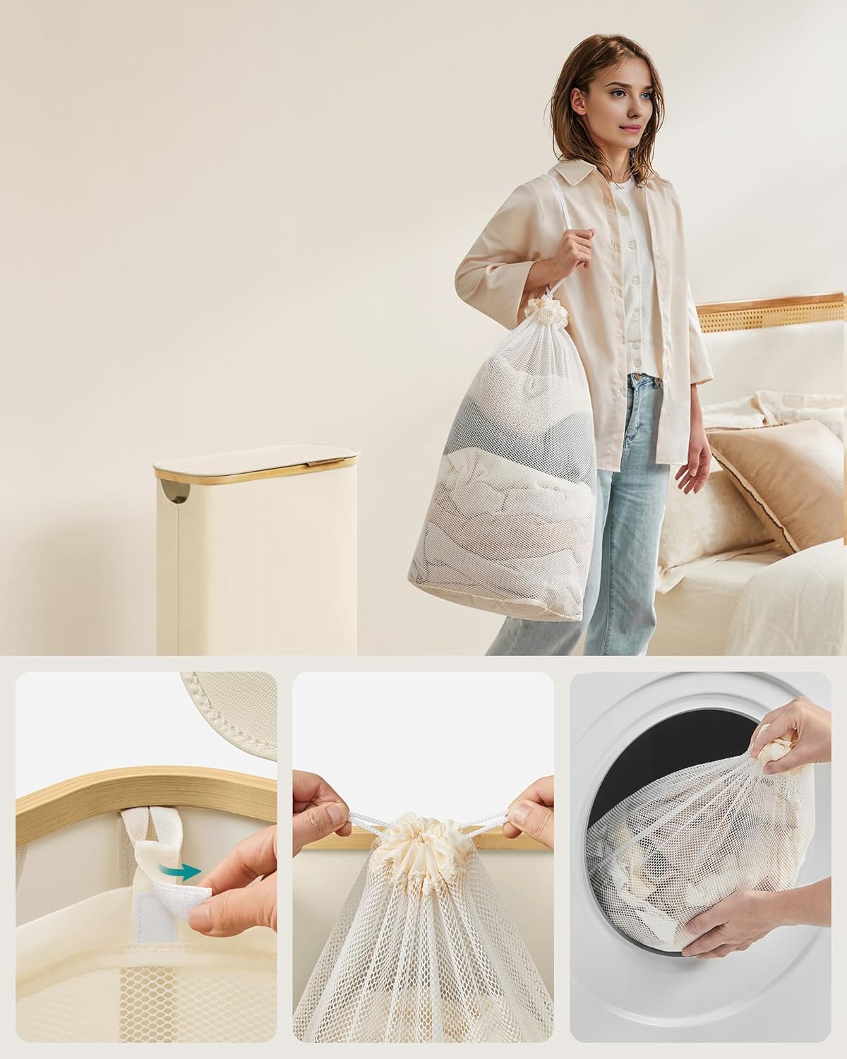 SONGMICS Cos rufe slim pentru spatii inguste, sac detasabil, 65 litri, 42x23x71 cm, crem Household NewTrend