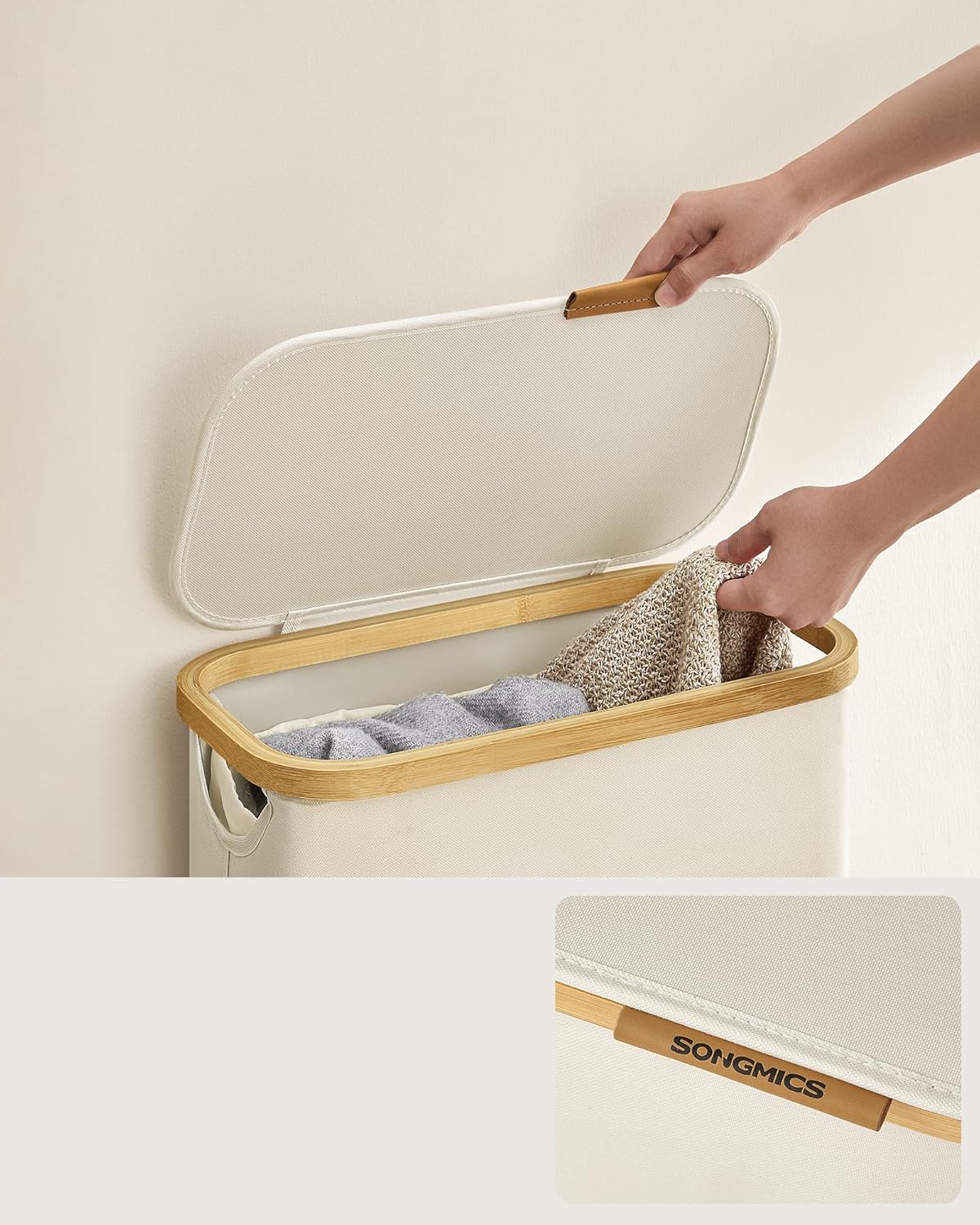 SONGMICS Cos rufe slim pentru spatii inguste, sac detasabil, 65 litri, 42x23x71 cm, crem Household NewTrend