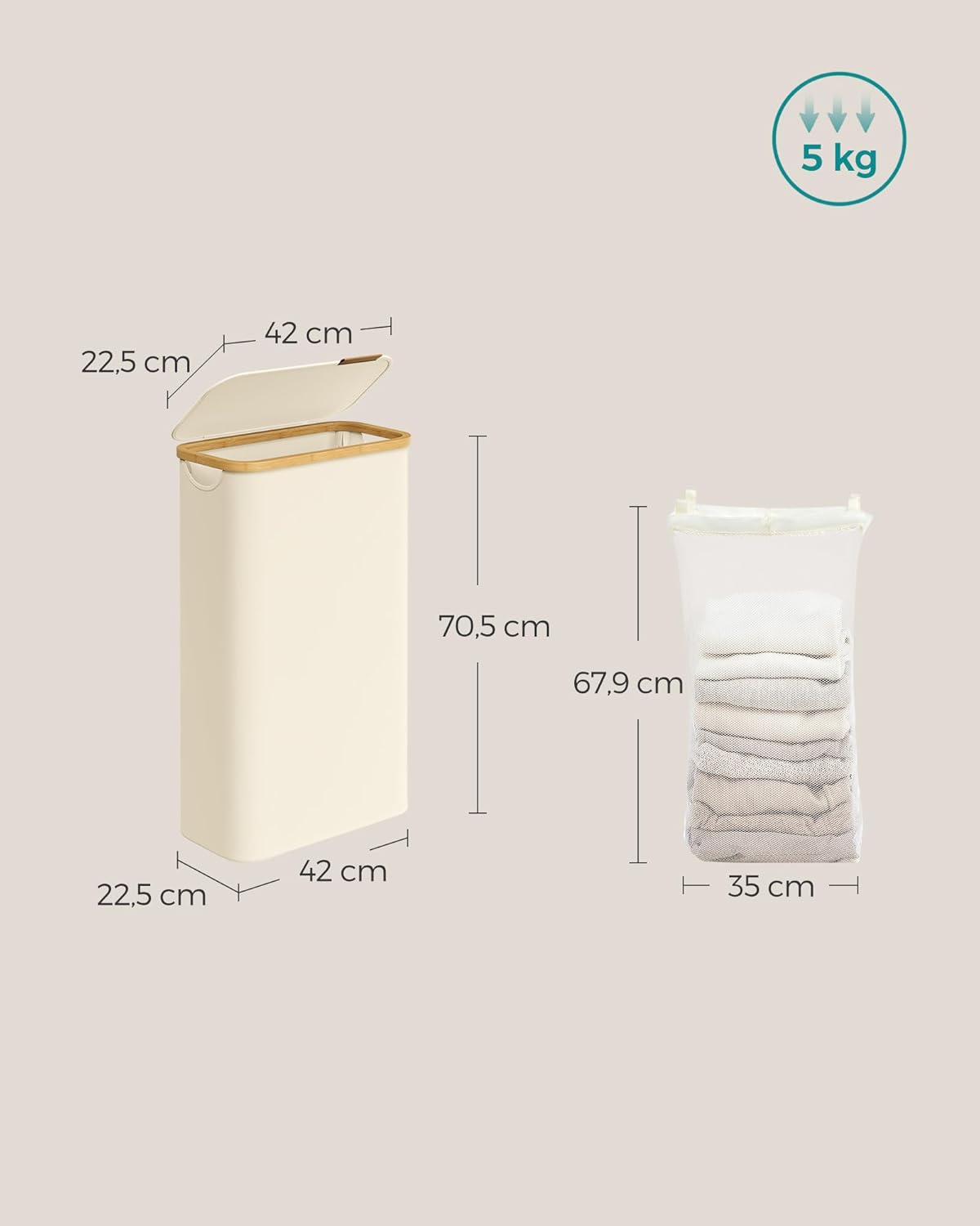 SONGMICS Cos rufe slim pentru spatii inguste, sac detasabil, 65 litri, 42x23x71 cm, crem Household NewTrend