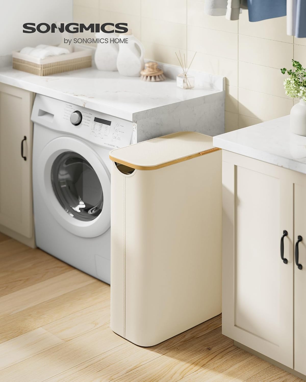 SONGMICS Cos rufe slim pentru spatii inguste, sac detasabil, 65 litri, 42x23x71 cm, crem Household NewTrend