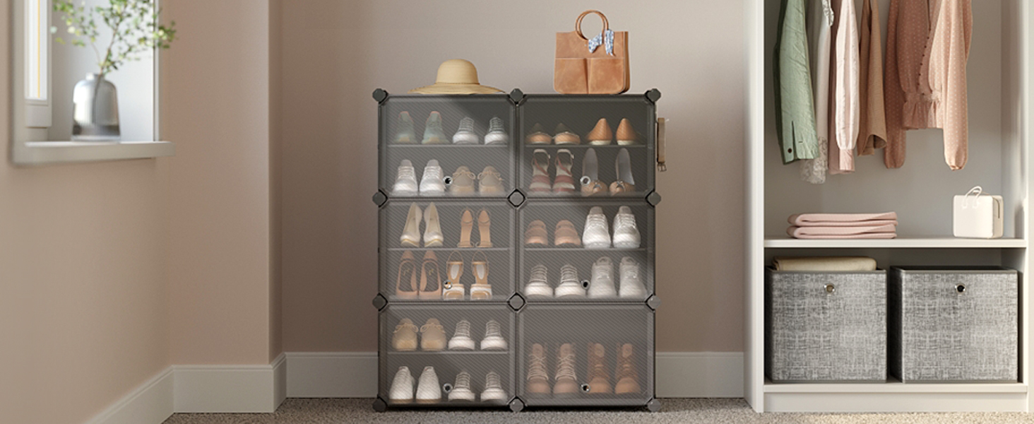 SONGMICS Dulap pantofi modular cu 6 compartimente, panouri plastic si cadru metalic, 83x32x94 cm, pana la 24 perechi, negru Household NewTrend