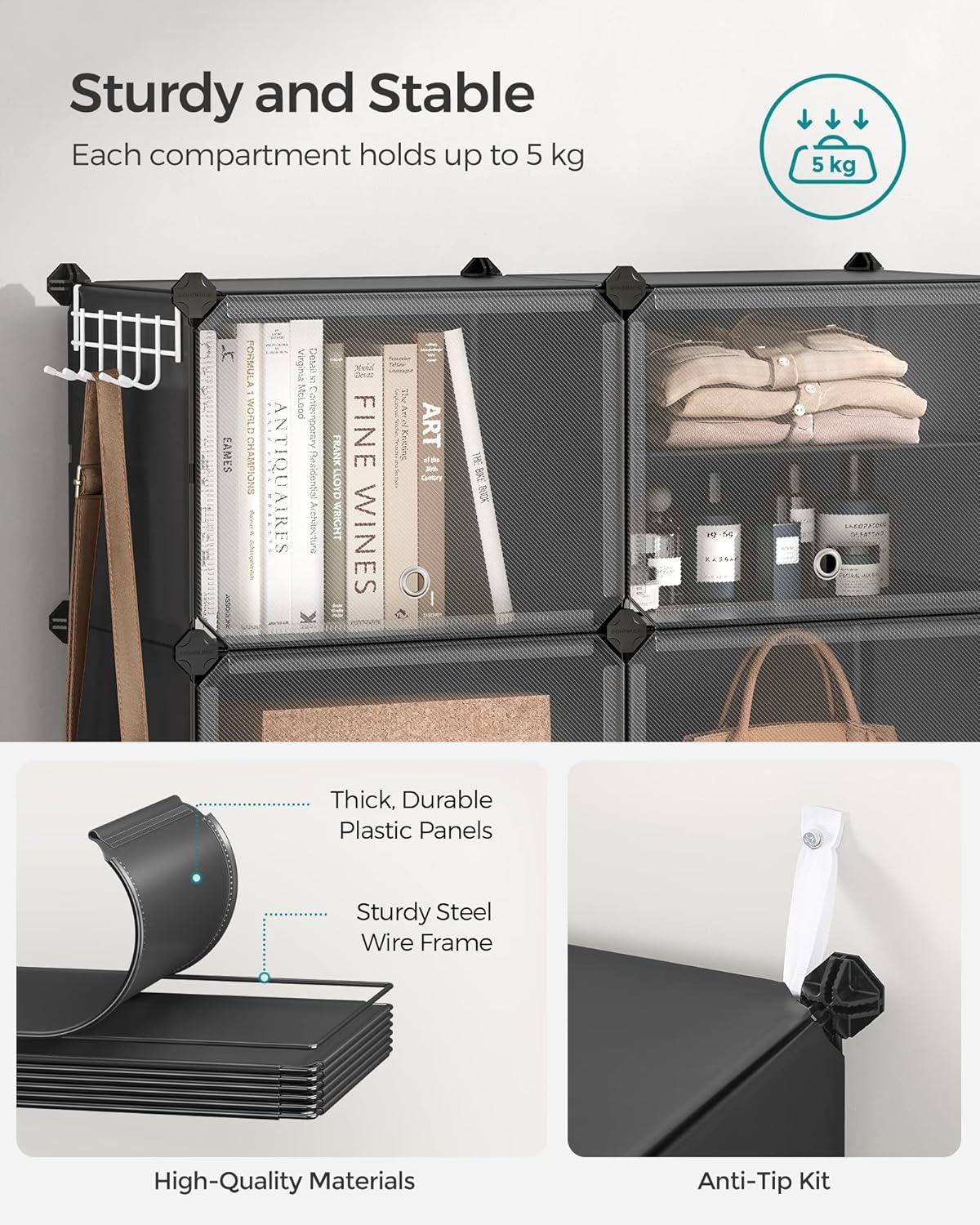 SONGMICS Dulap pantofi modular cu 6 compartimente, panouri plastic si cadru metalic, 83x32x94 cm, pana la 24 perechi, negru Household NewTrend