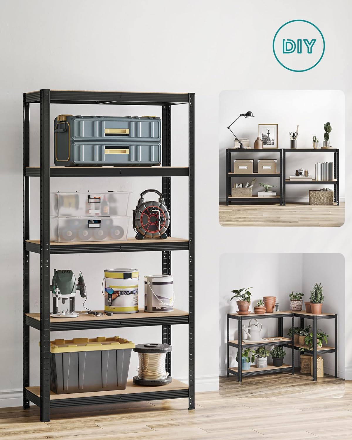 SONGMICS Set 2 rafturi metalice cu 5 niveluri reglabile, din otel si MDF, 90x40x180 cm, sarcina 875 kg, negru Household NewTrend