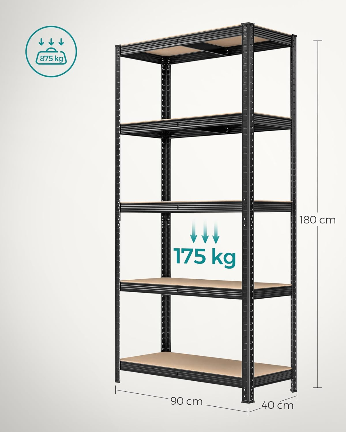 SONGMICS Set 2 rafturi metalice cu 5 niveluri reglabile, din otel si MDF, 90x40x180 cm, sarcina 875 kg, negru Household NewTrend