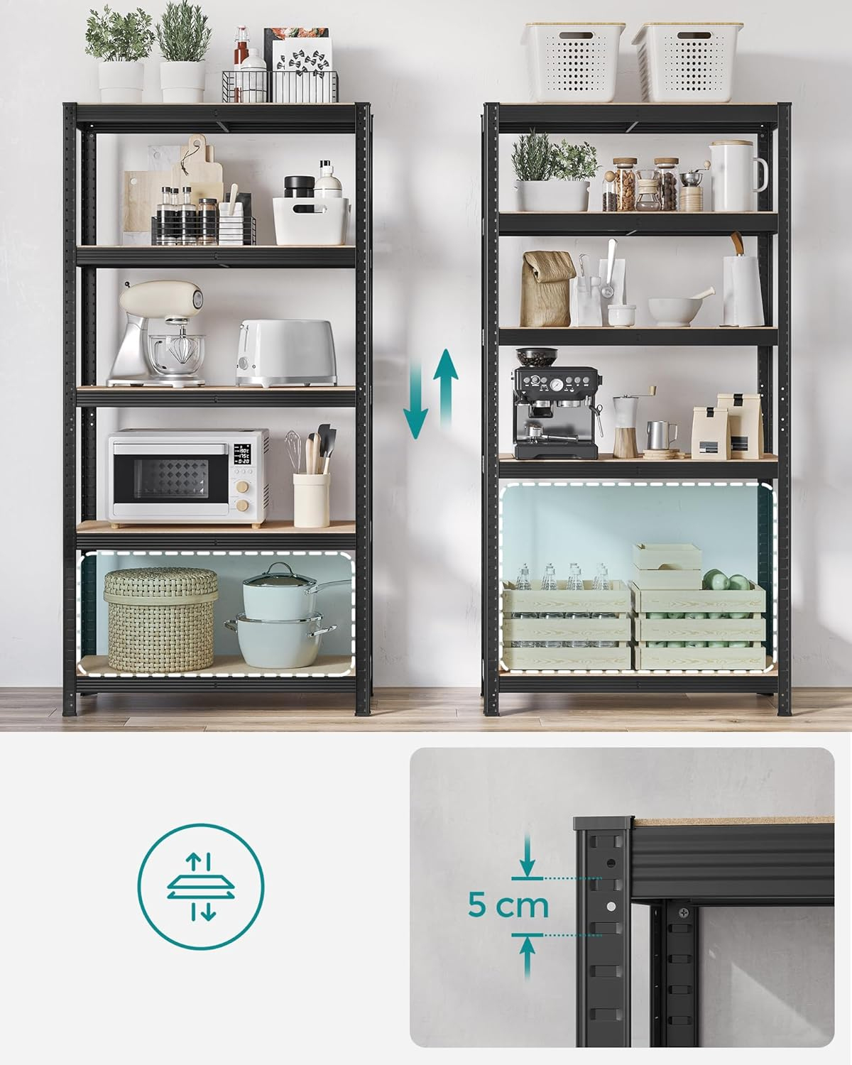 SONGMICS Set 2 rafturi metalice cu 5 niveluri reglabile, din otel si MDF, 90x40x180 cm, sarcina 875 kg, negru Household NewTrend