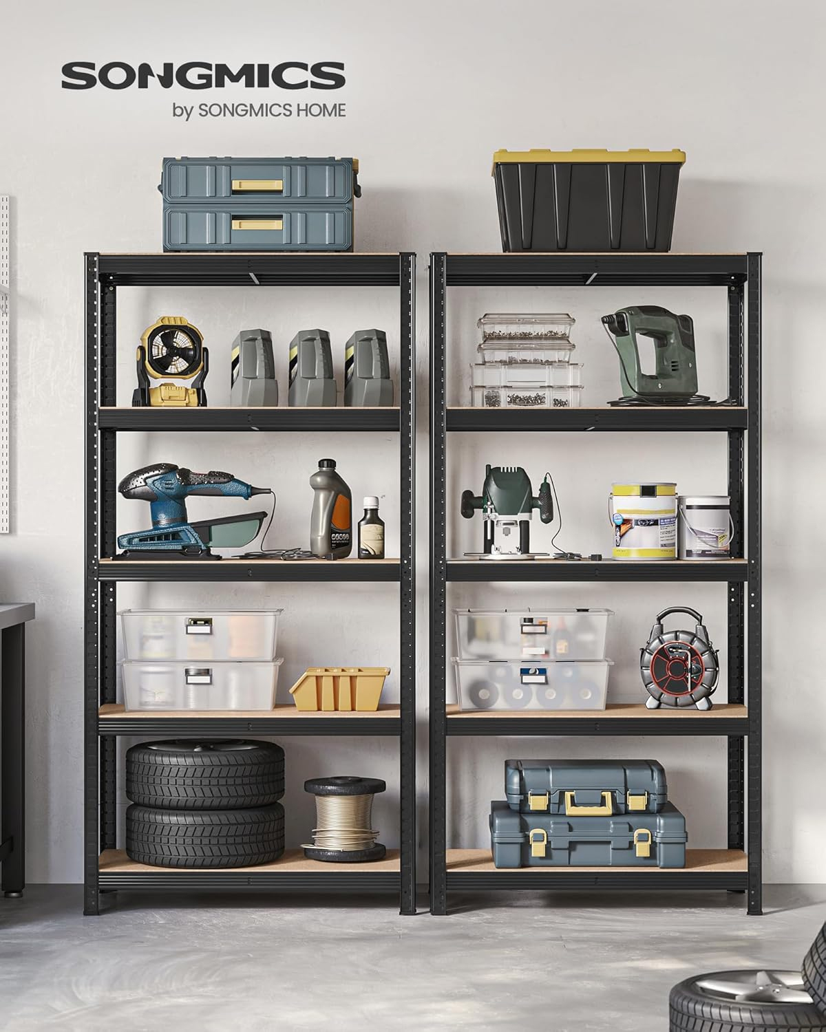 SONGMICS Set 2 rafturi metalice cu 5 niveluri reglabile, din otel si MDF, 90x40x180 cm, sarcina 875 kg, negru Household NewTrend