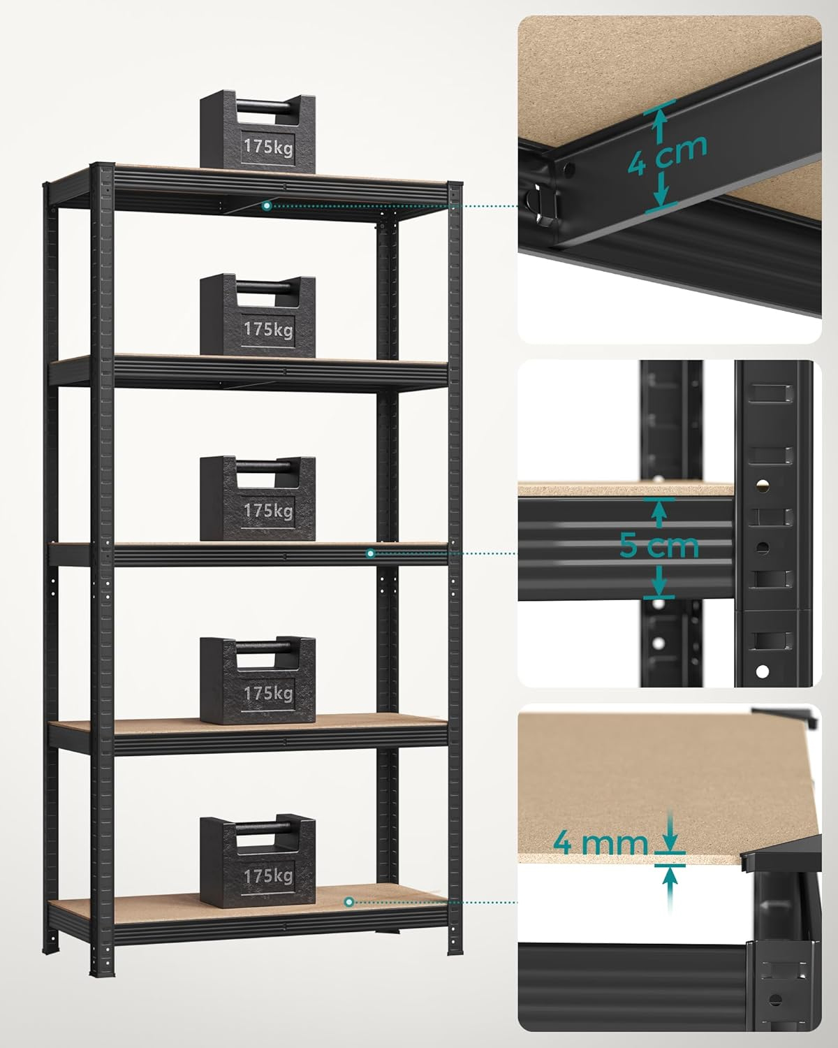 SONGMICS Set 2 rafturi metalice cu 5 niveluri reglabile, din otel si MDF, 90x40x180 cm, sarcina 875 kg, negru Household NewTrend