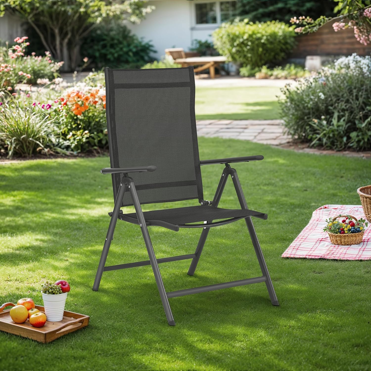 SONGMICS Set 2 scaune gradina pliabile cu spatar reglabil 8 pozitii, 150 kg, 56x70x106 cm, negru Household NewTrend