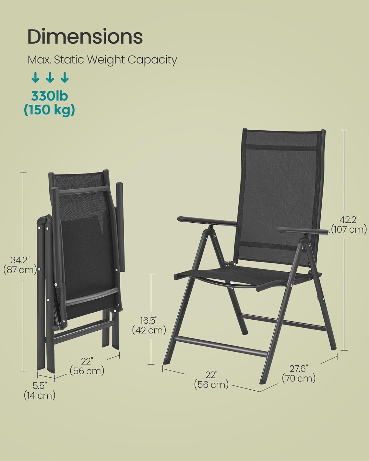 SONGMICS Set 2 scaune gradina pliabile cu spatar reglabil 8 pozitii, 150 kg, 56x70x106 cm, negru Household NewTrend