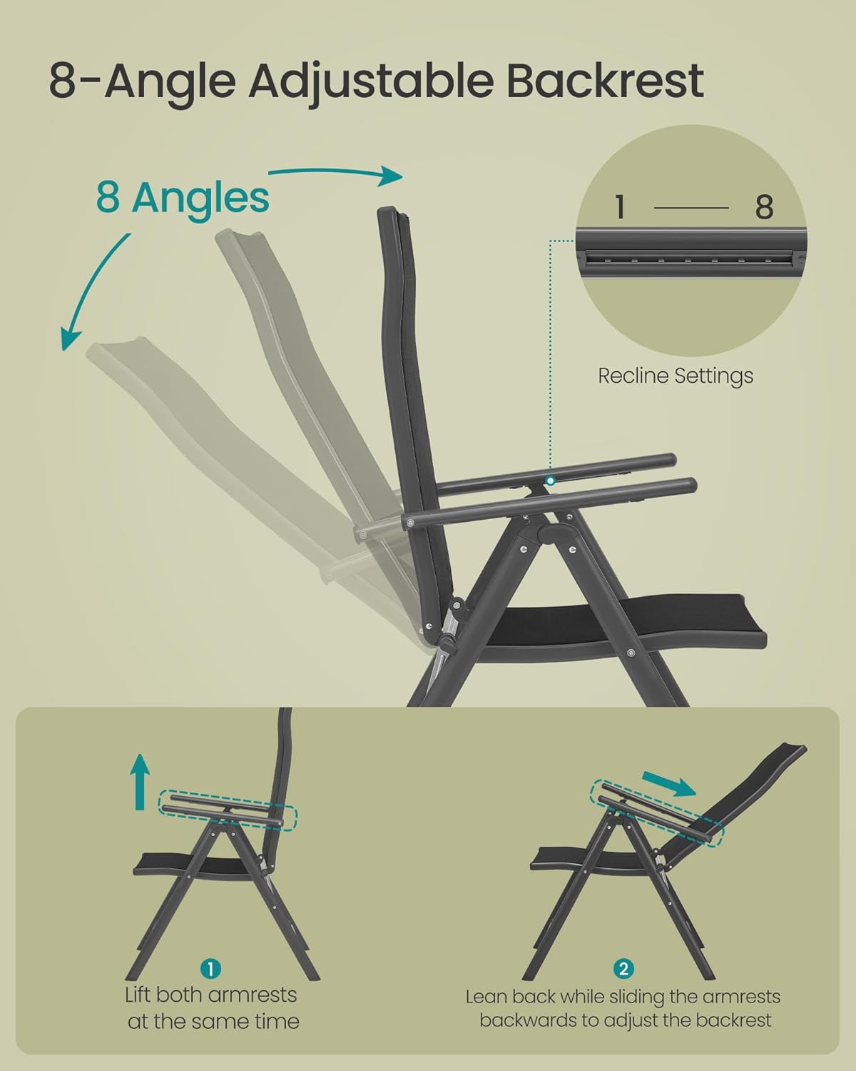 SONGMICS Set 2 scaune gradina pliabile cu spatar reglabil 8 pozitii, 150 kg, 56x70x106 cm, negru Household NewTrend
