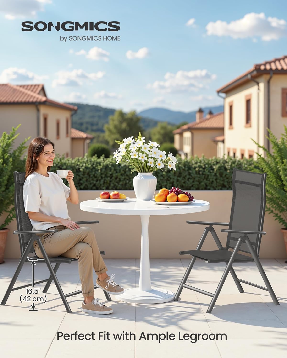 SONGMICS Set 2 scaune gradina pliabile cu spatar reglabil 8 pozitii, 150 kg, 56x70x106 cm, negru Household NewTrend