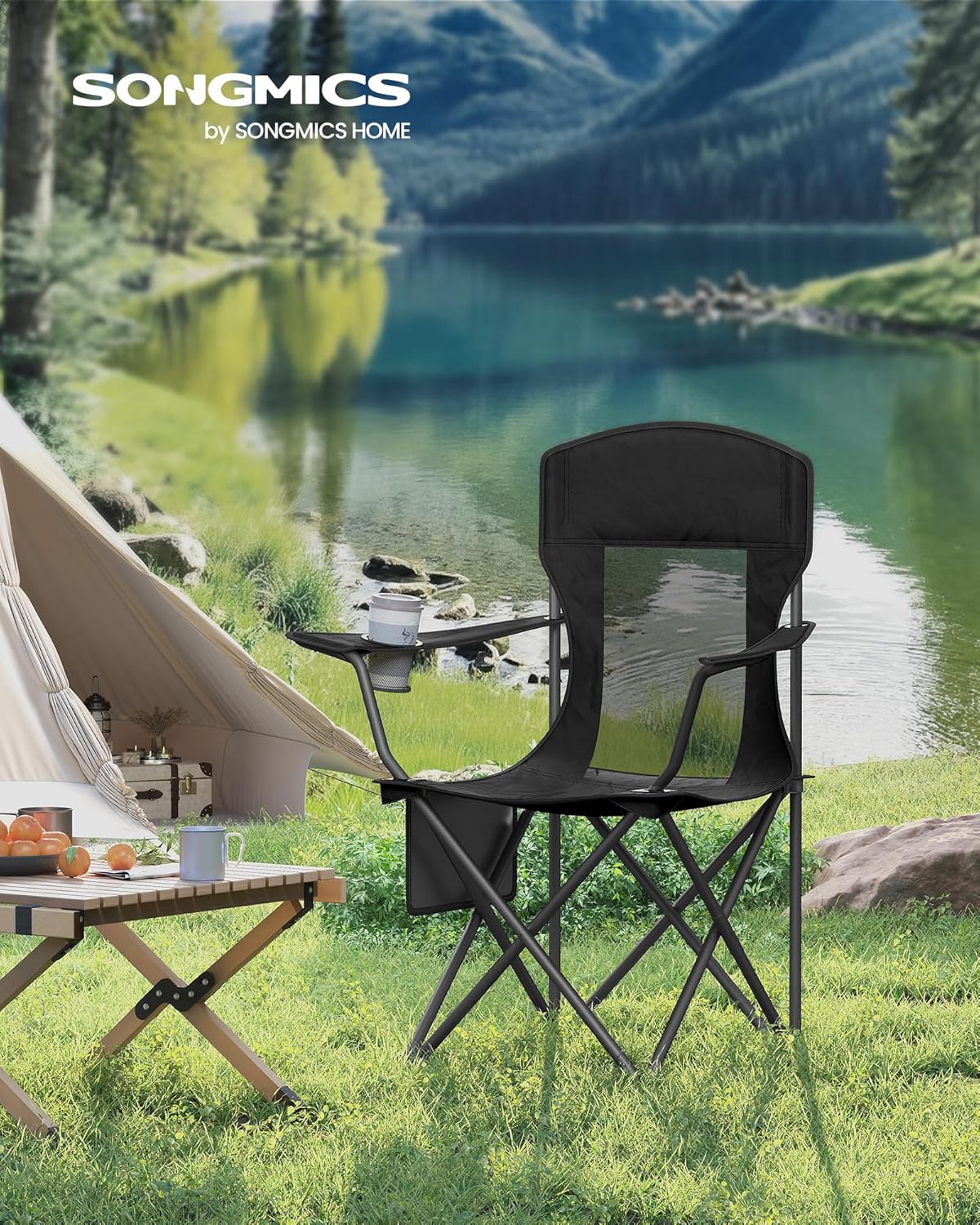 SONGMICS Set 2 scaune pliabile camping cu spatar inalt si suport bauturi, husa transport, 150 kg, 52x87x97 cm, negru Household NewTrend