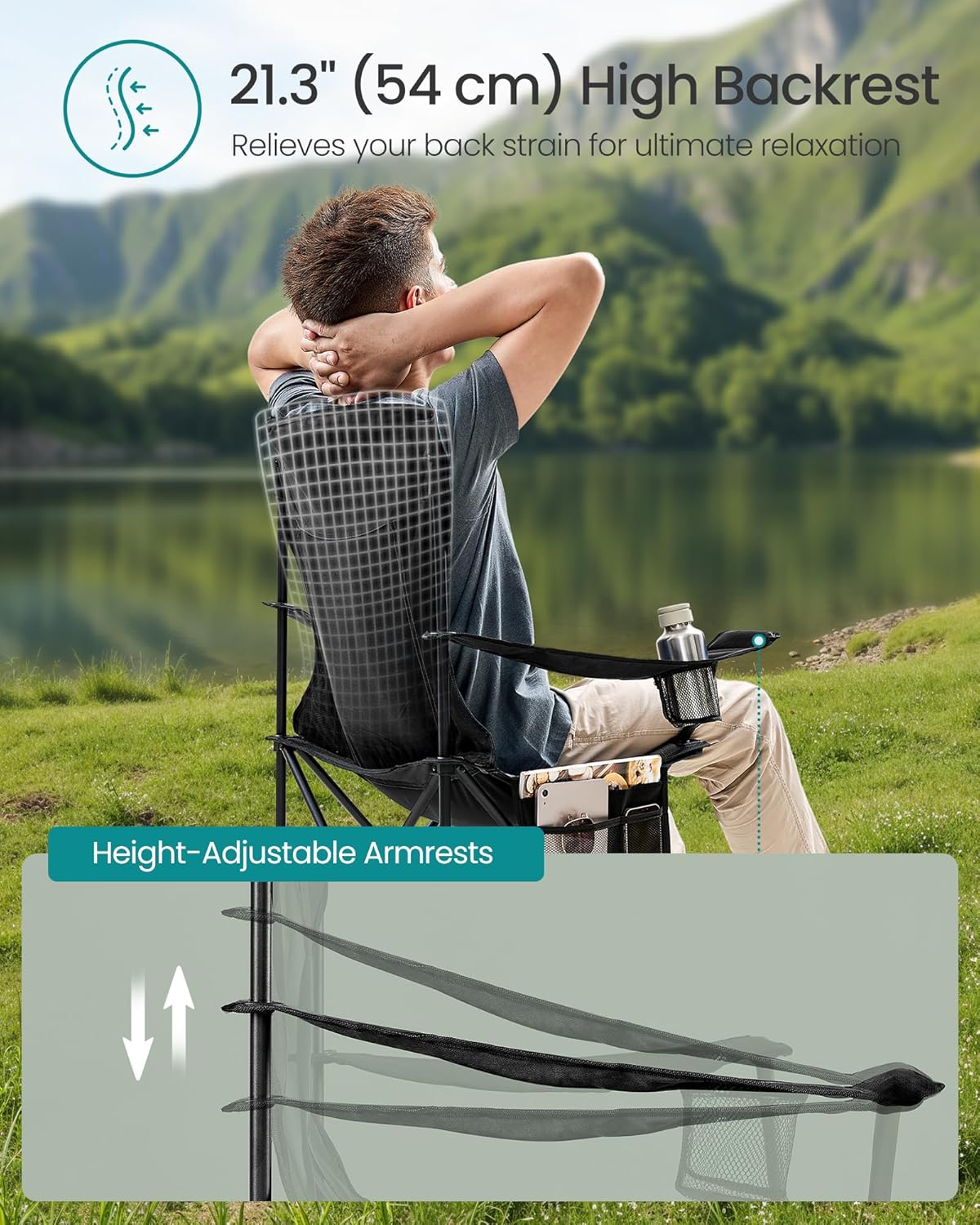 SONGMICS Set 2 scaune pliabile camping cu spatar inalt si suport bauturi, husa transport, 150 kg, 52x87x97 cm, negru Household NewTrend