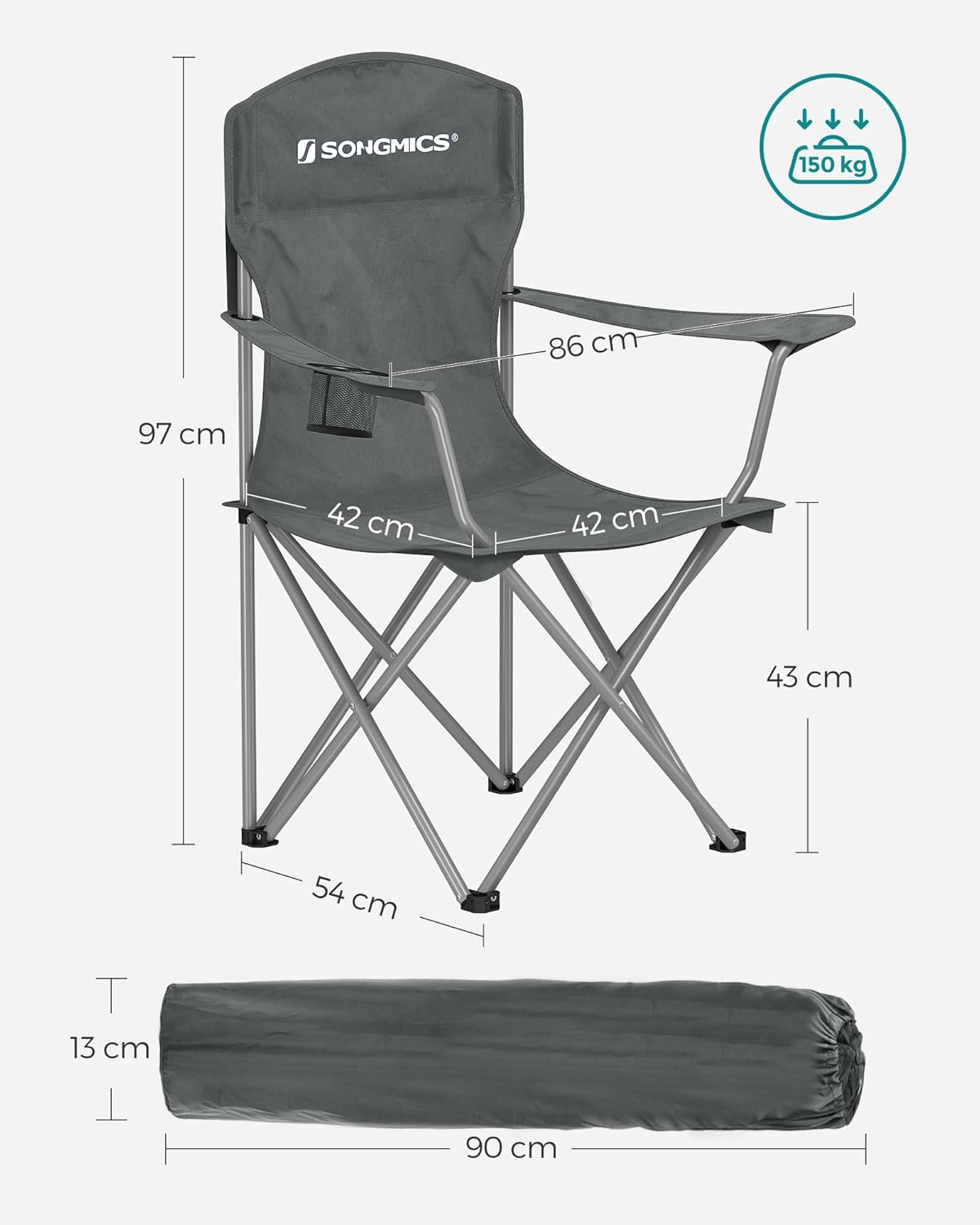 SONGMICS Set 2 scaune pliabile camping cu suport bauturi, husa transport, 150 kg, 54x86x97 cm, gri Household NewTrend