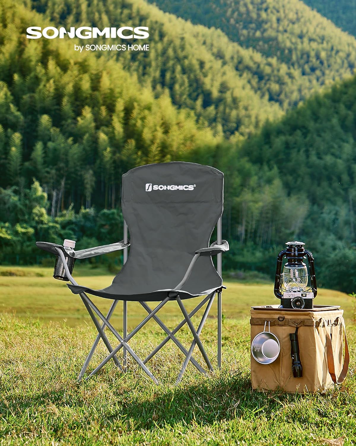 SONGMICS Set 2 scaune pliabile camping cu suport bauturi, husa transport, 150 kg, 54x86x97 cm, gri Household NewTrend