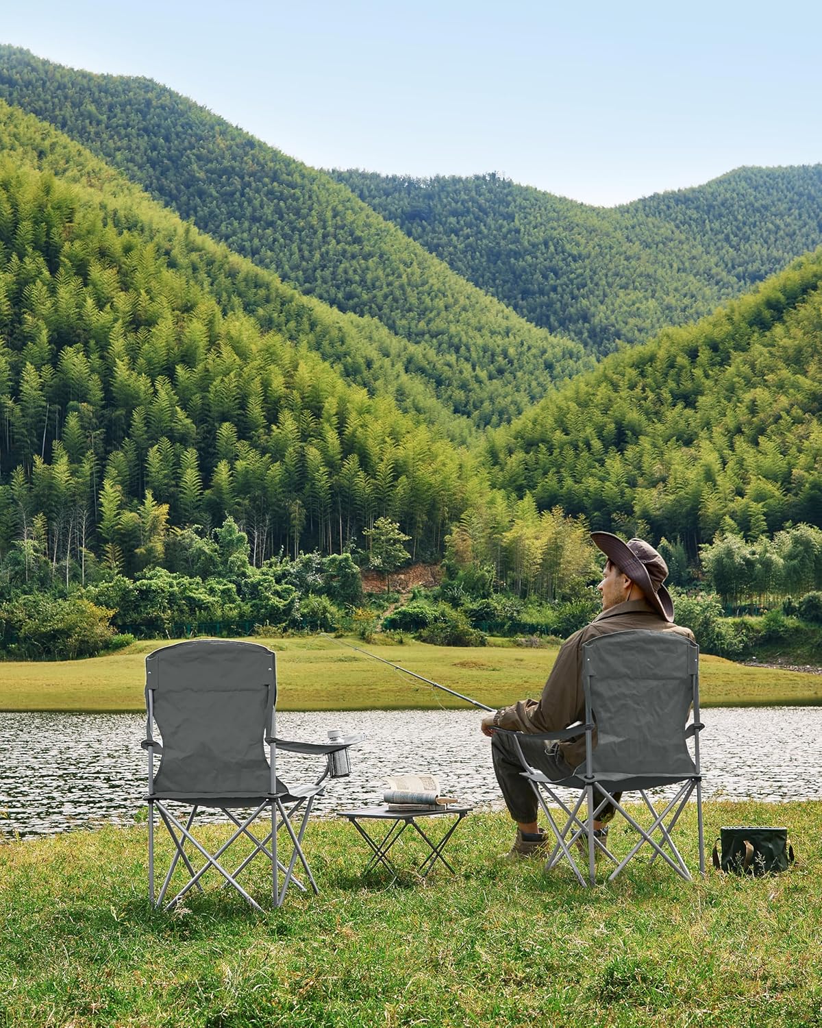 SONGMICS Set 2 scaune pliabile camping cu suport bauturi, husa transport, 150 kg, 54x86x97 cm, gri Household NewTrend