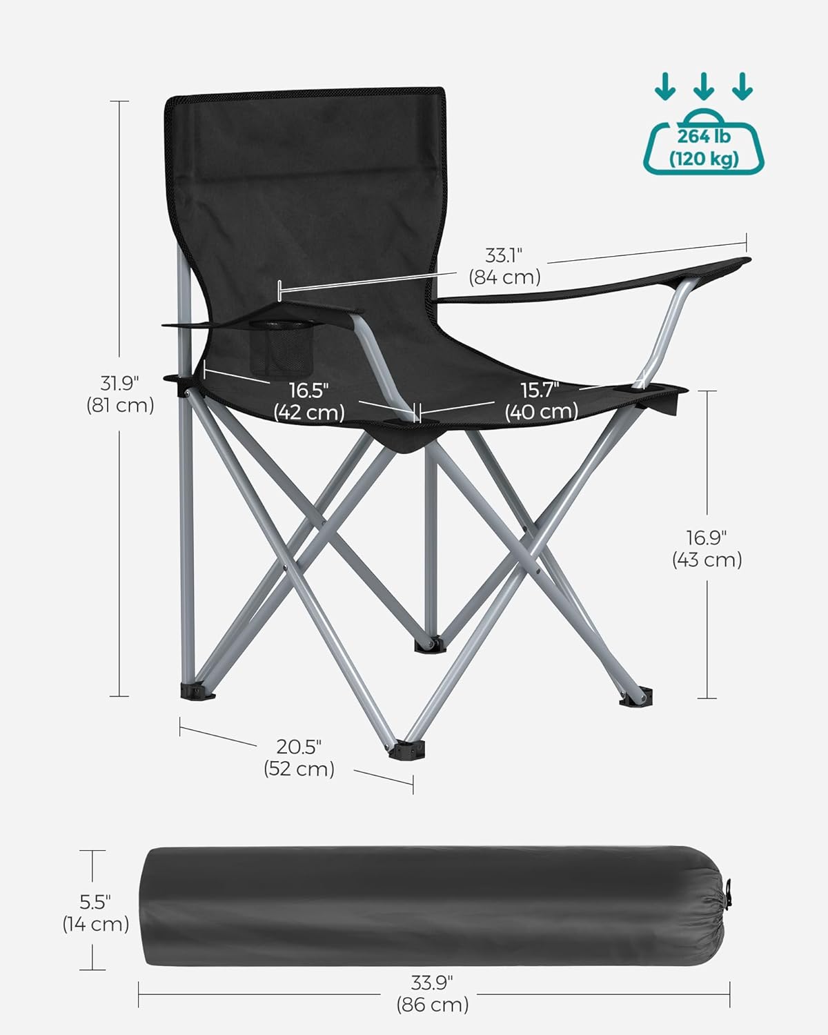 SONGMICS Set 2 scaune pliabile camping cu suport bauturi, husa transport, 52x84x81 cm, 120 kg, negru Household NewTrend