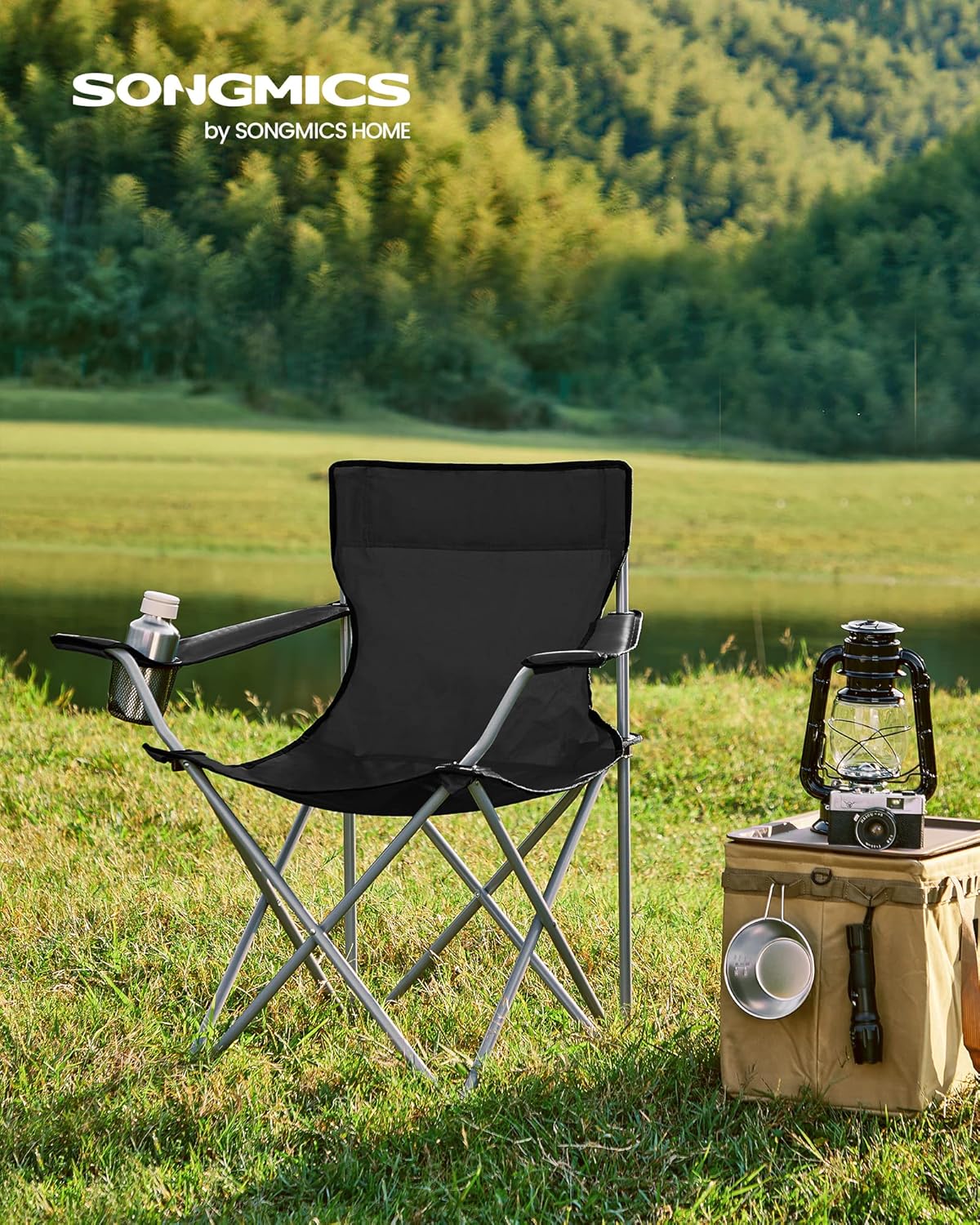SONGMICS Set 2 scaune pliabile camping cu suport bauturi, husa transport, 52x84x81 cm, 120 kg, negru Household NewTrend
