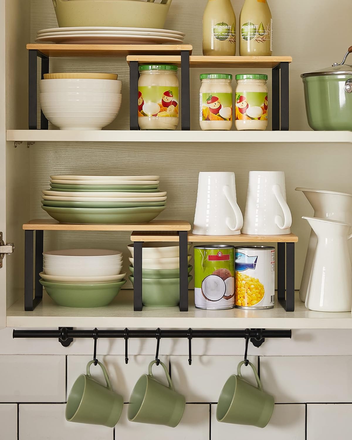 SONGMICS Set 4 rafturi de bucatarie suprapozabile, pentru ustensile sau condimente, 20x30x16cm, natur si negru Household NewTrend