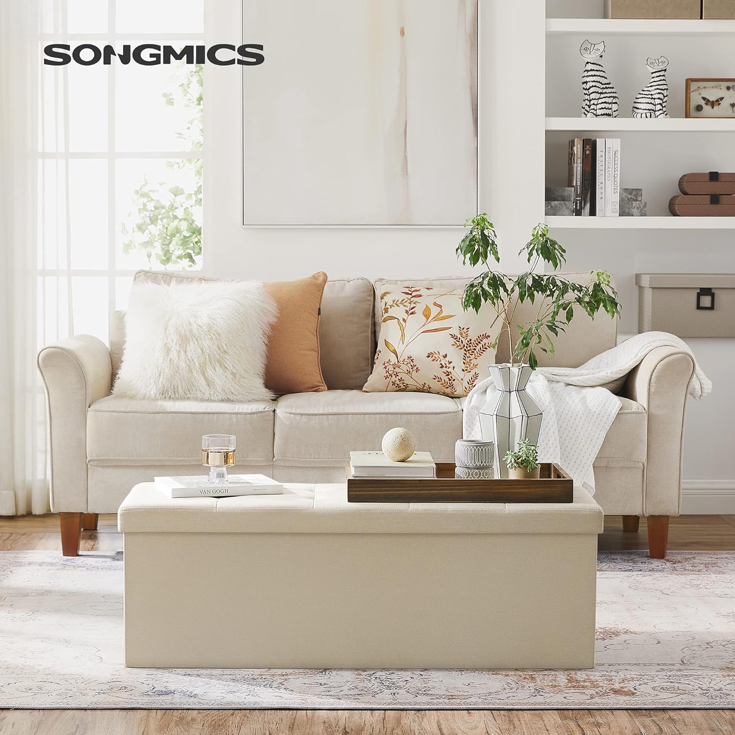 SONGMICS Taburet pliabil cu sezut moale, spatiu de depozitare 131litri, maxim 300kg, 110x38x38cm, crem Household NewTrend