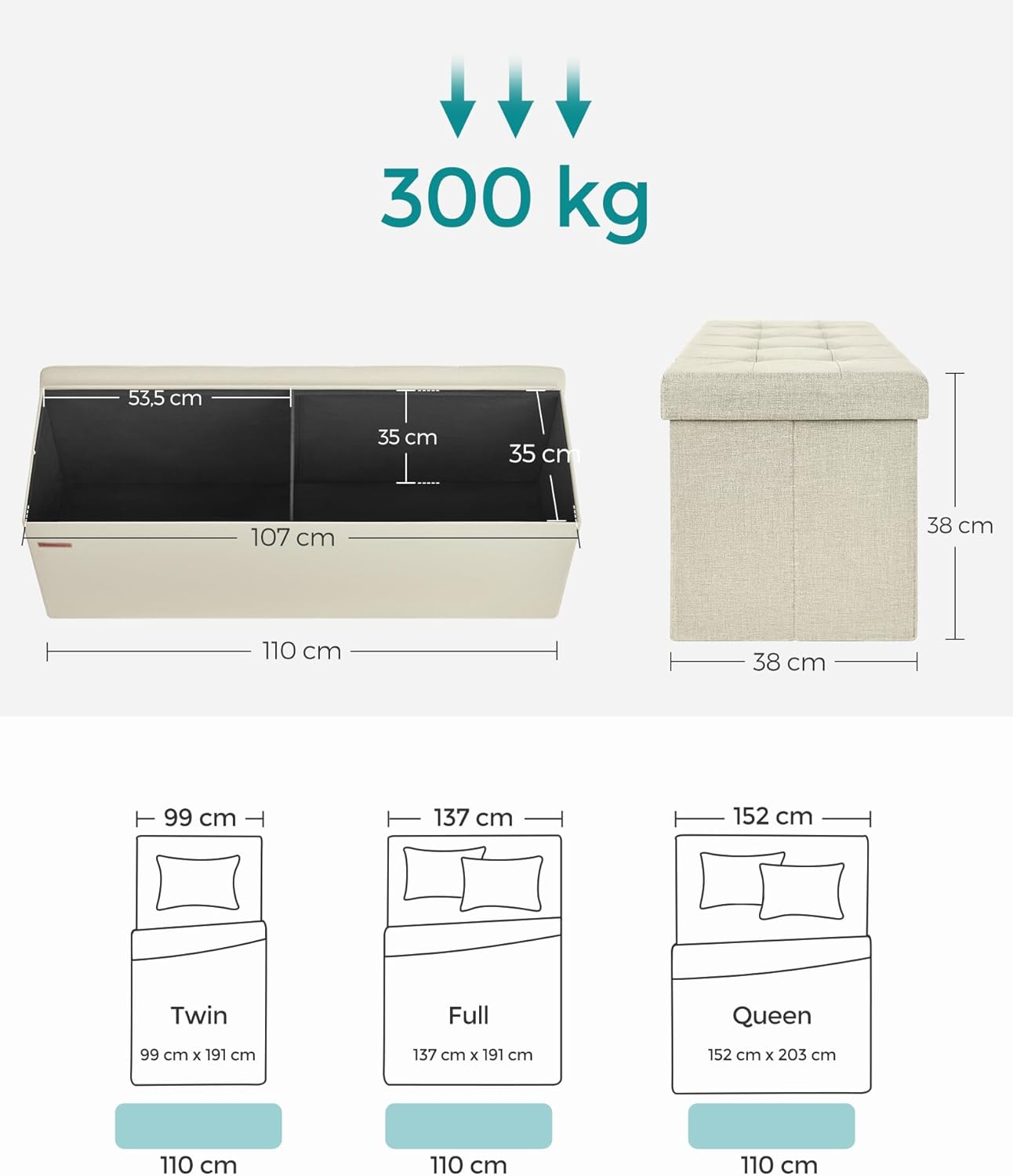 SONGMICS Taburet pliabil cu sezut moale, spatiu de depozitare 131litri, maxim 300kg, 110x38x38cm, crem Household NewTrend