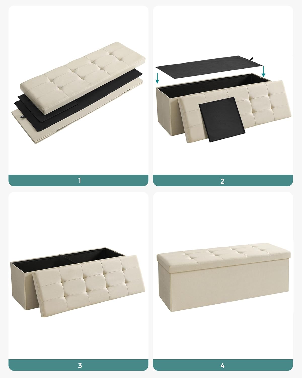 SONGMICS Taburet pliabil cu sezut moale, spatiu de depozitare 131litri, maxim 300kg, 110x38x38cm, crem Household NewTrend